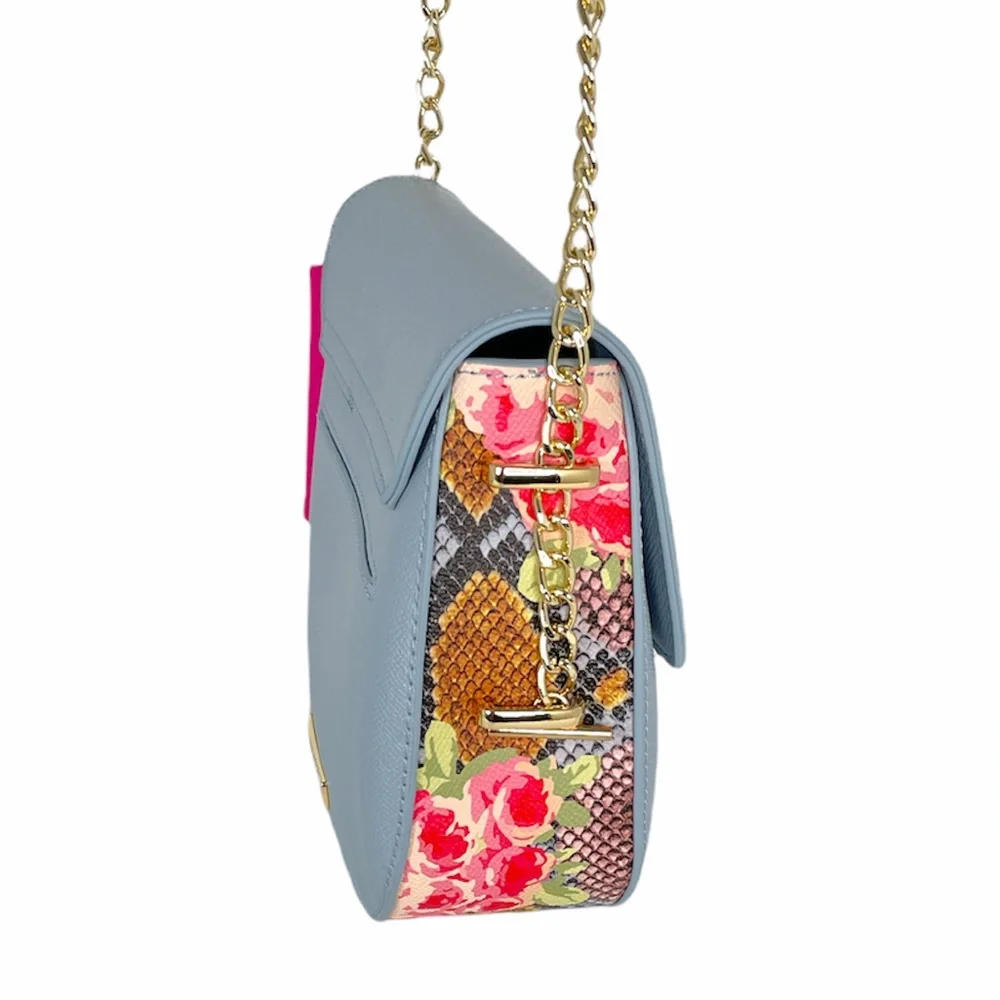 Betsey Johnson Solid Floral and Snake Skin Pattern Saddle Bag Blue